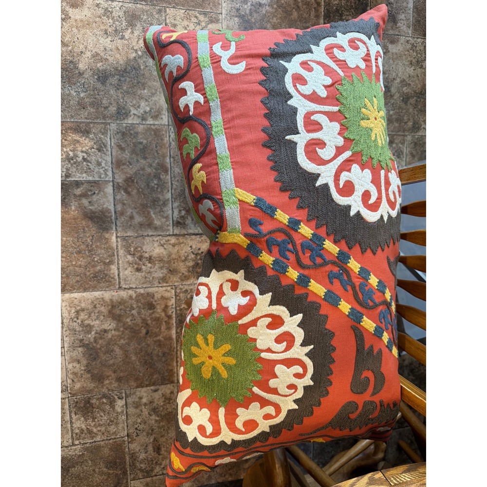 Pottery Barn Terracotta Orange Suzani Embroidered Linen Lumbar Pillow Cover
